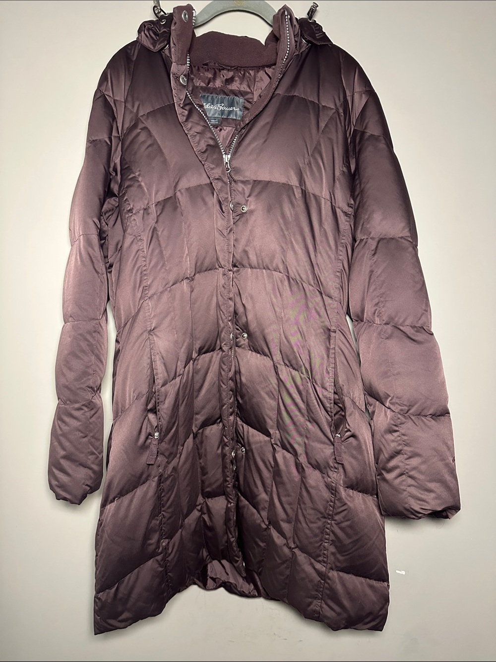 Eddie Bauer Women's Long Quilted Hooded light purple goose down Puffer Coat